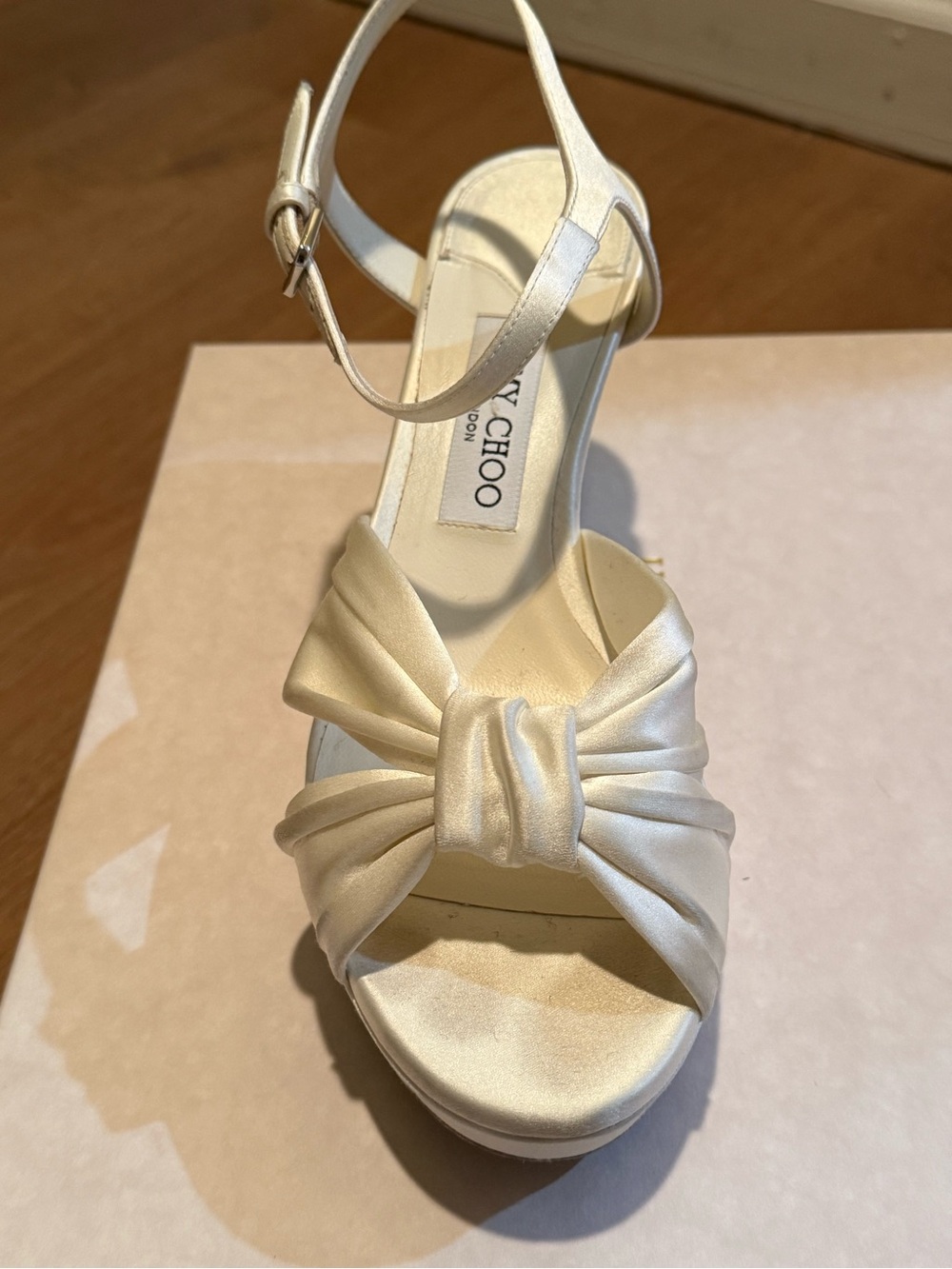 Jimmy Choo Ivory Satin Bow Platform Ankle-Strap Sandals - Heloise 80